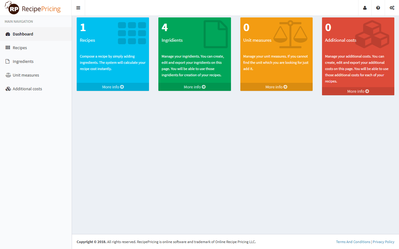 The dashboard with four coloured tiles: Recipes, Ingredients, Unit measures and Additional costs, each with a count and a More info link. The left sidebar lists the same pages.