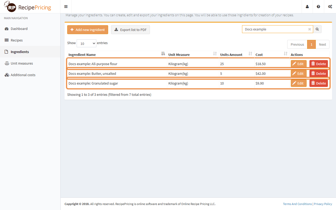 The ingredient list filtered by a search, showing three ingredients with Edit and Delete buttons.