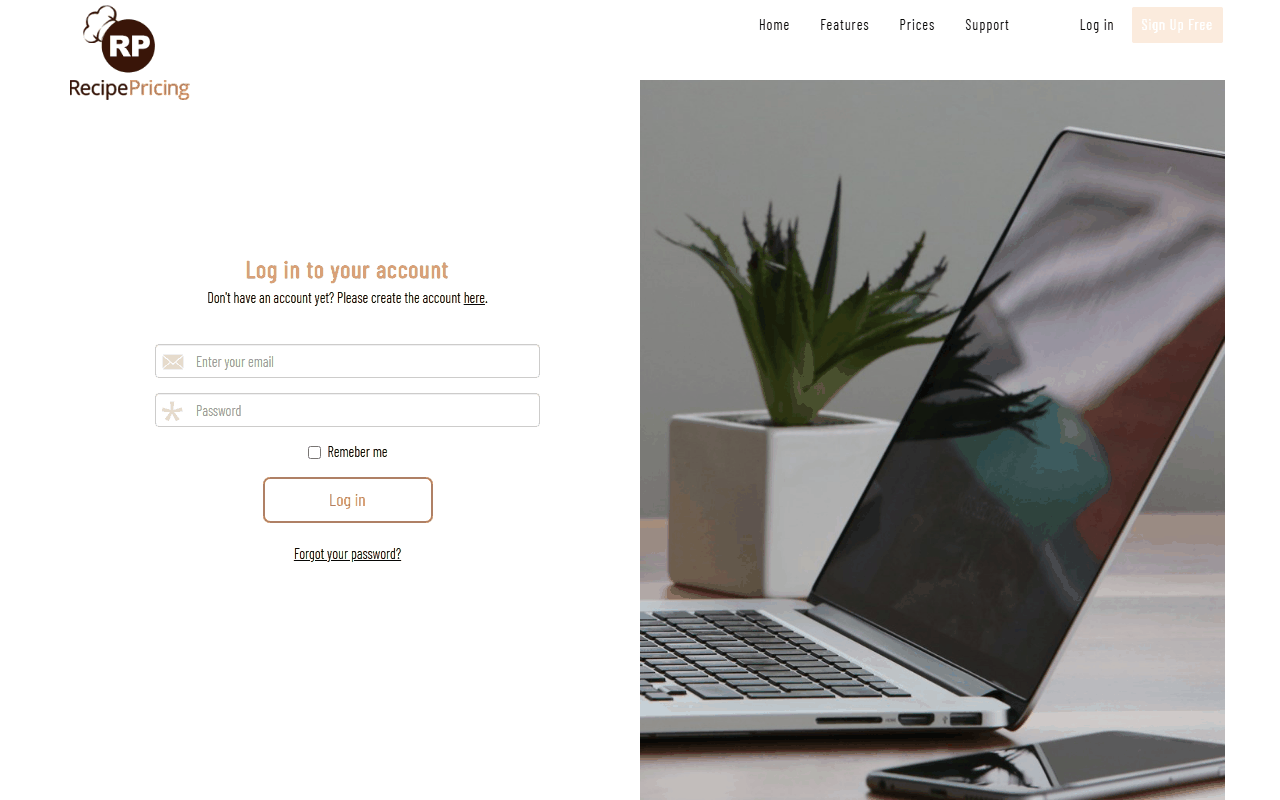 The login page with email and password fields, a Remember me checkbox, a Log in button and a Forgot your password link.