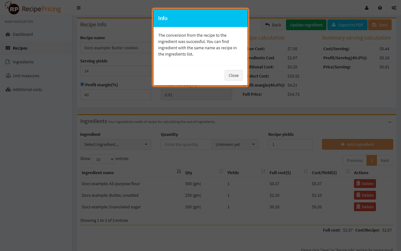 The confirmation message shown after clicking Convert to ingredient.