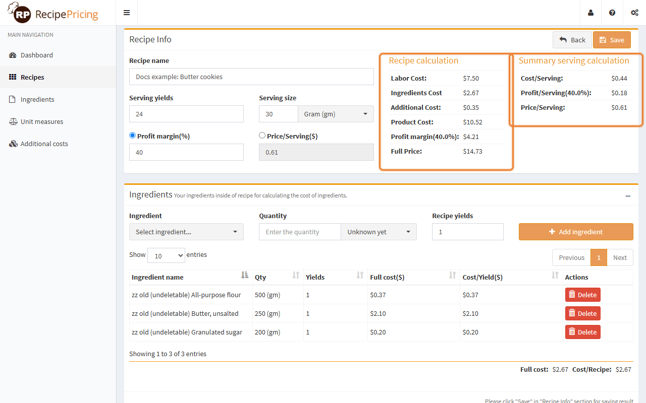 The Recipe Info box with the Recipe calculation and Summary serving calculation tables filled in with labor cost, ingredients cost, additional cost, product cost, profit margin, full price, and the per-serving cost, profit and price.