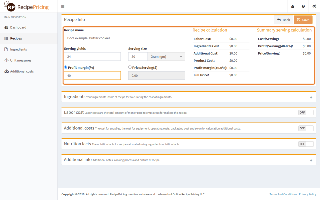 The Recipe Info box: recipe name, serving yields, serving size with unit, the profit margin and price per serving radio buttons, and on the right two calculation tables still showing zeros.