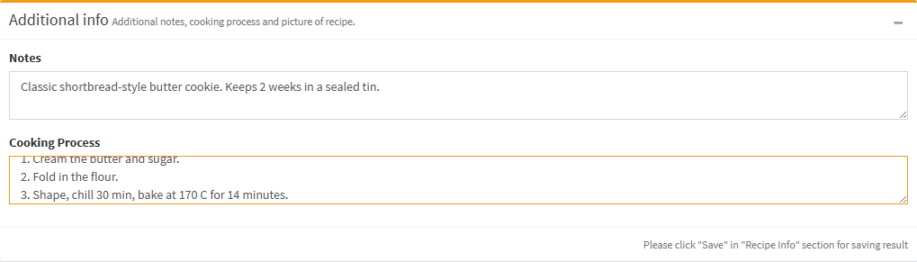The Additional info box with a Notes field and a Cooking Process field.