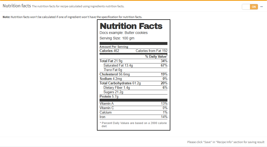 The Nutrition facts box of a recipe showing a nutrition label calculated per 100 grams.