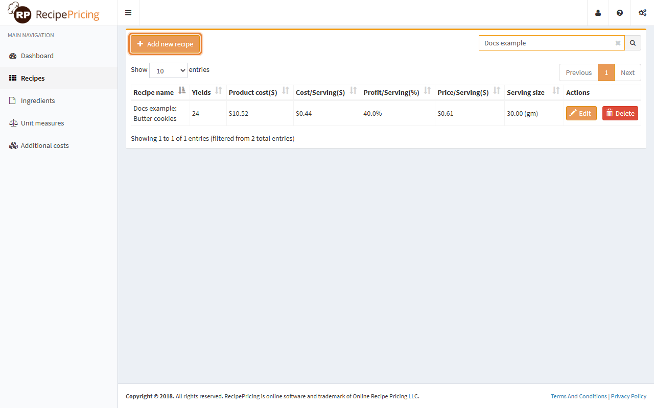 The Recipes page with a table of recipes showing name, yields, product cost and cost per serving, a search box and an Add new recipe button.