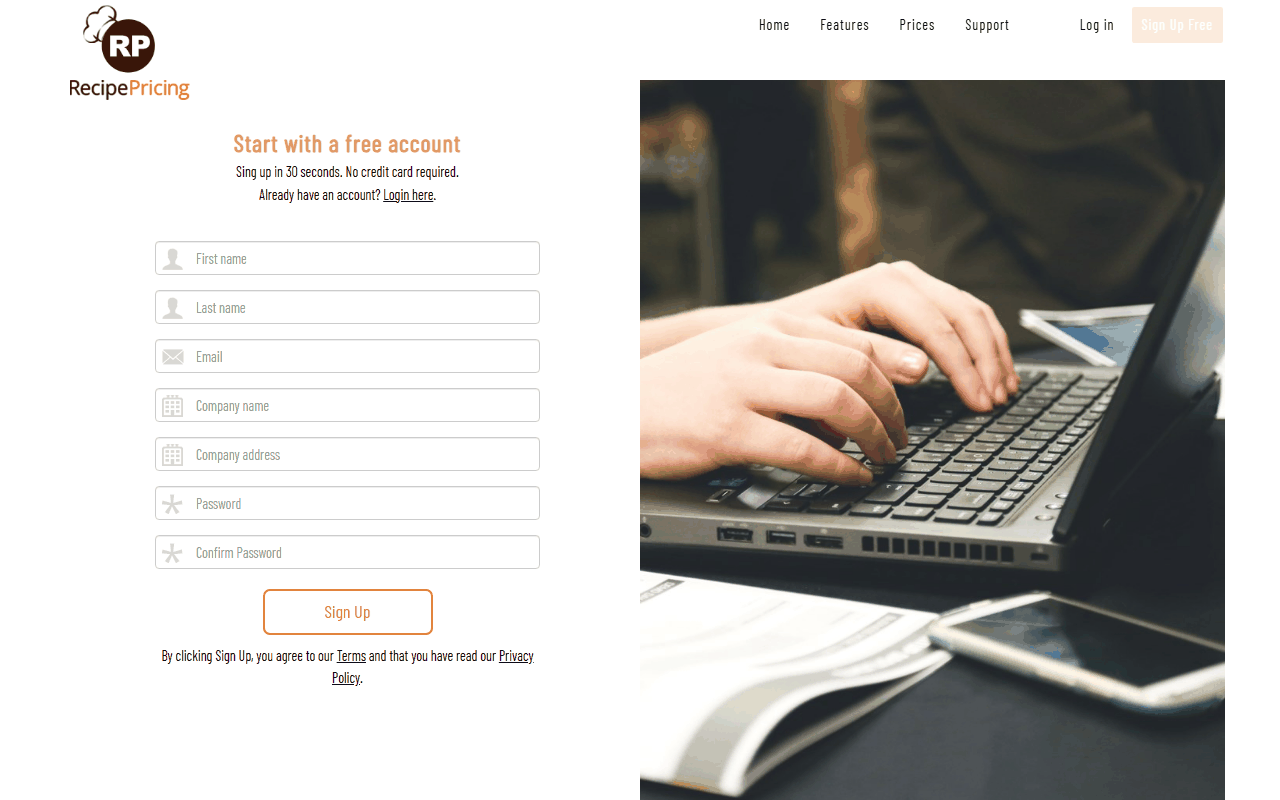 The registration form with fields for first name, last name, email, company name, company address, password and confirm password, and a Sign Up button.