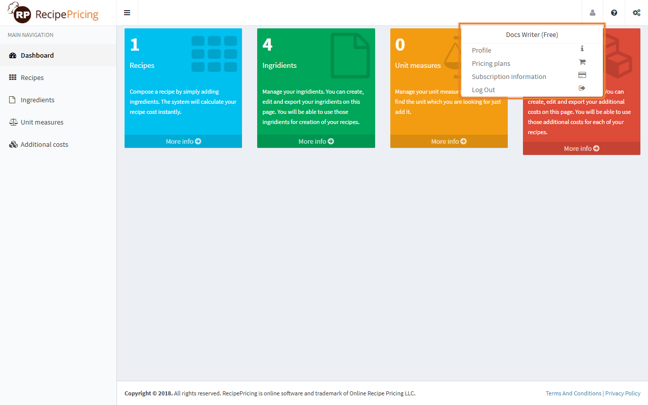 The user menu opened from the header, listing Profile, Pricing plans, Subscription information and Log Out.